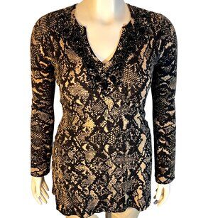 INC Sweater Tunic Womens M Black Tan Snake Python Print Beaded V-Neck Long Sleev